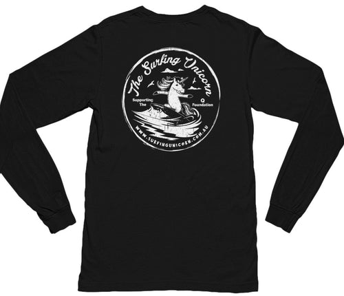 Surfing Unicorn Logo Adults Longsleeve T-Shirt (Back Print)