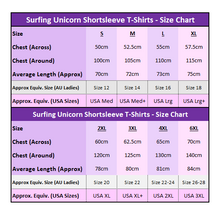 Load image into Gallery viewer, Surfing Unicorn Adults Shortsleeve Size Chart